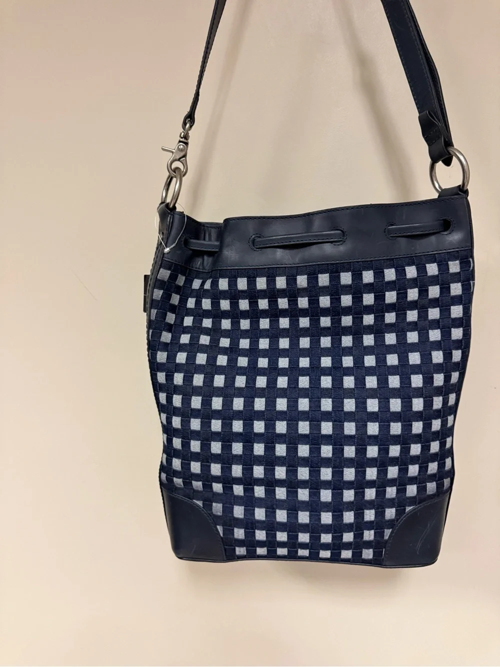 Frye Navy Denim Check Drawstring Hobo